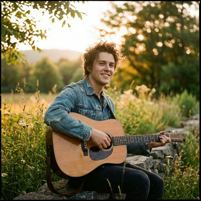 Musician with guitar golden hour
