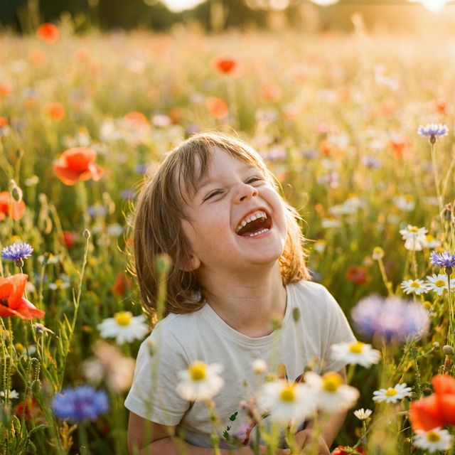 Child laughing in wildflower field